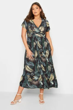 YOURS Curve Black Tropical Leaf Print Wrap Dress