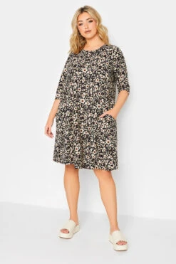 YOURS Curve Black Floral Print Drape Pocket Mini Dress