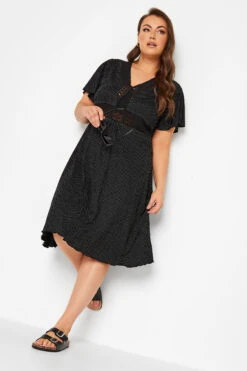 YOURS Curve Black Polka Dot Print Lace Detail Dress