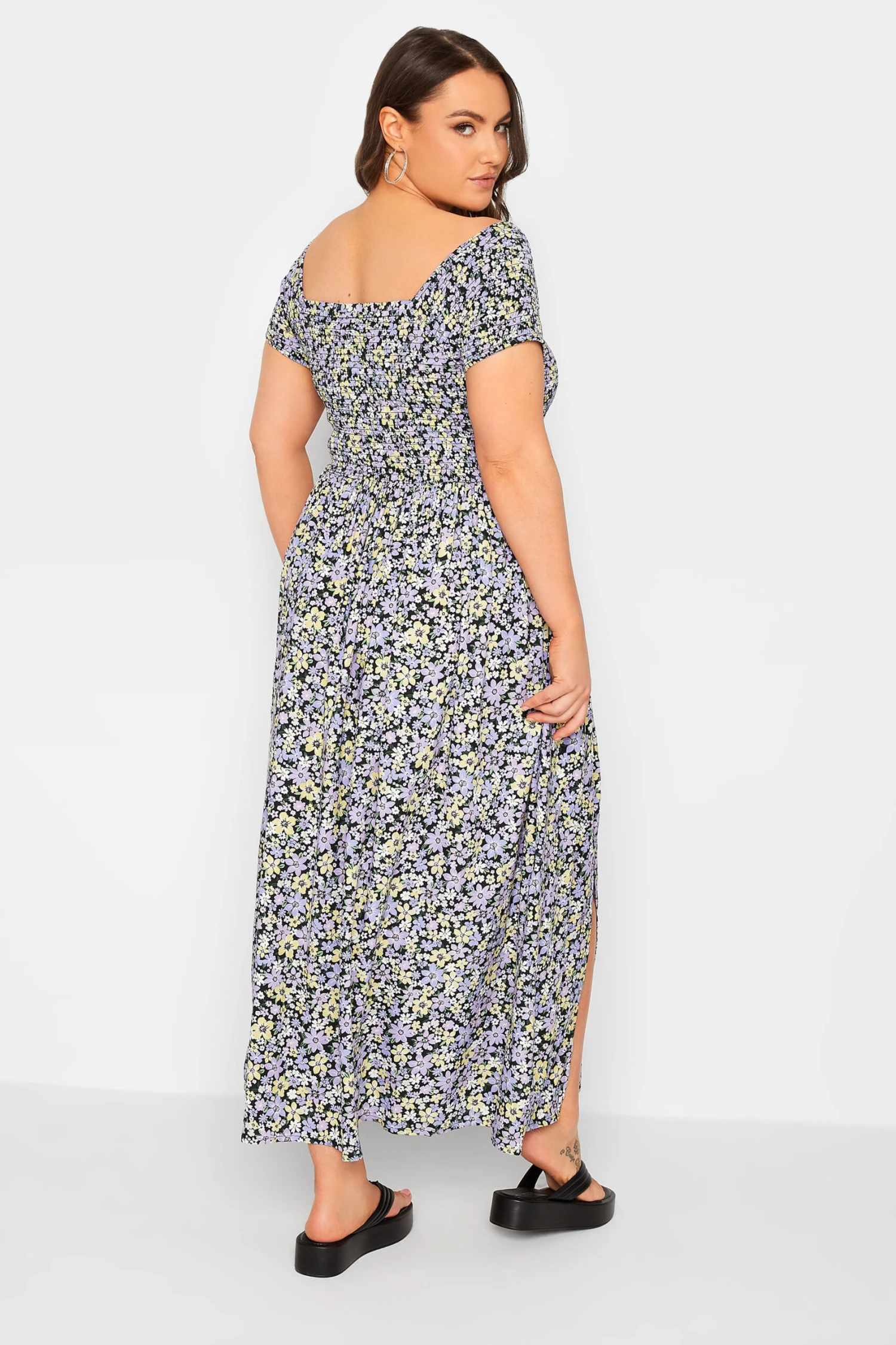 YOURS Curve Black & Purple Floral Shirred Bardot Maxi Dress 2 YOURS Curve Black & Purple Floral Shirred Bardot Maxi Dress - Image 2