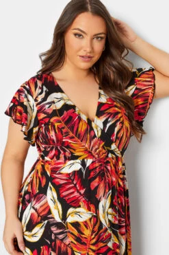 YOURS Curve Black & Orange Leaf Print Frill Sleeve Wrap Maxi Dress -JOICY Clothing Shop 0a59562b ebfe 44 301900 D