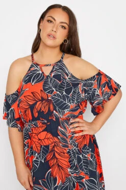 YOURS Curve Navy Blue Leaf Print Cold Shoulder Dress -JOICY Clothing Shop 0b498203 0fb5 4f 300799 D