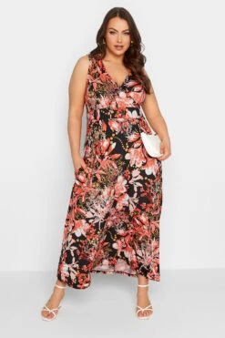 YOURS Curve Black & Orange Floral Print Wrap Maxi Dress