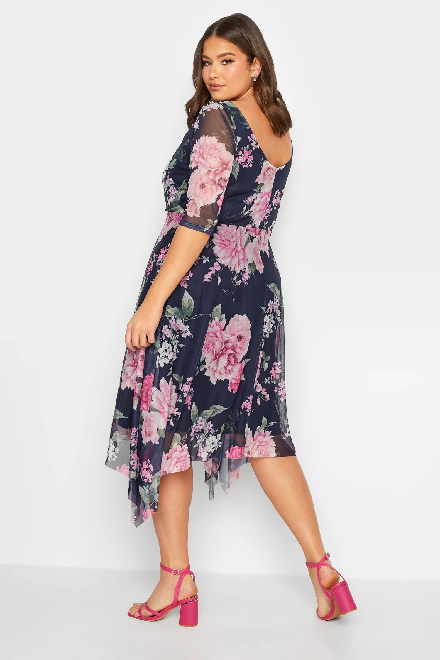 YOURS LONDON Curve Blue Floral Cowl Neck Mesh Dress 2 YOURS LONDON Curve Blue Floral Cowl Neck Mesh Dress - Image 2