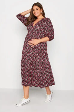 BUMP IT UP MATERNITY Curve Black Ditsy Print Tiered Wrap Dress