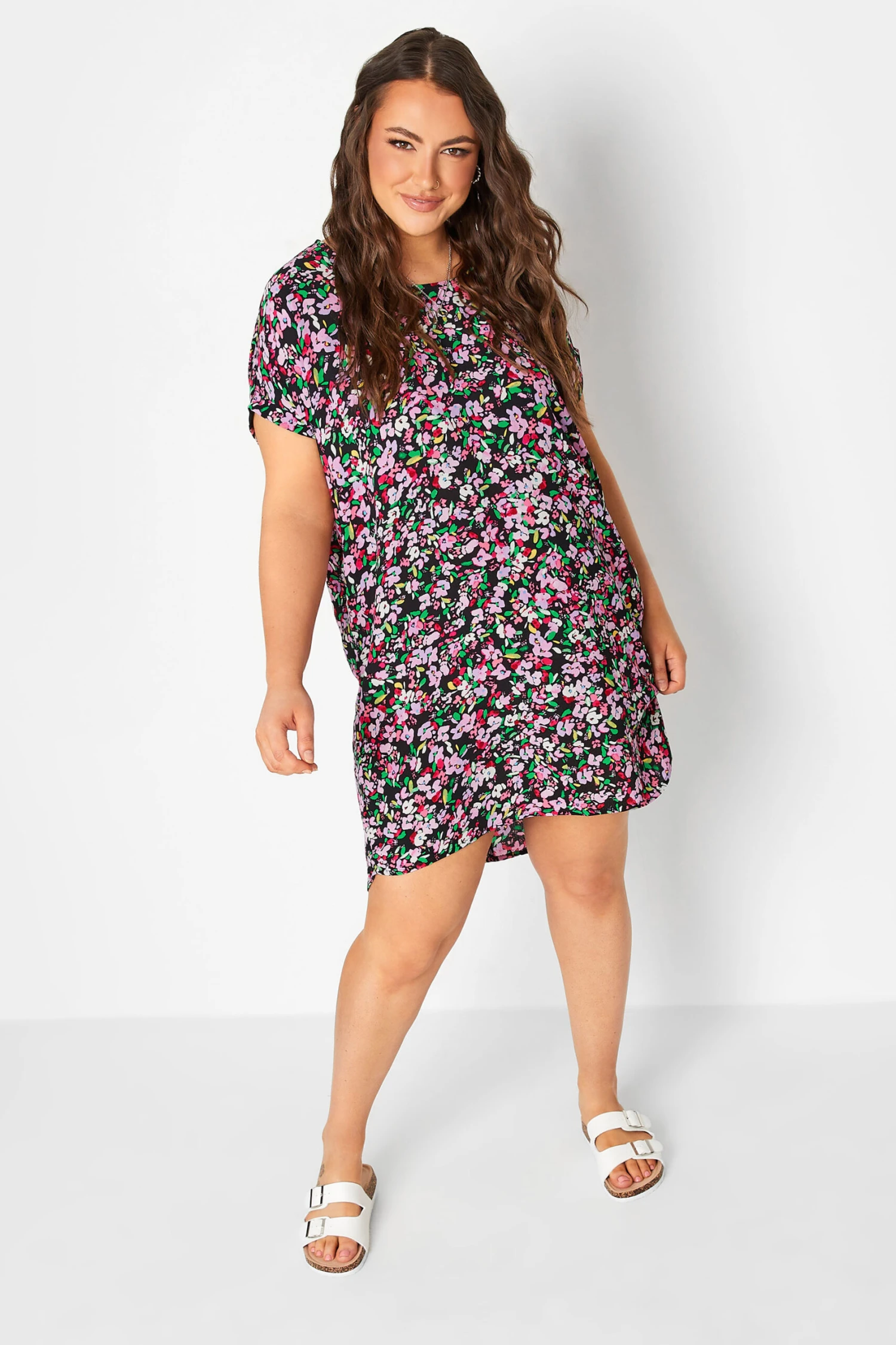 YOURS Curve Black & Pink Floral Print Shift Dress 1 YOURS Curve Black & Pink Floral Print Shift Dress