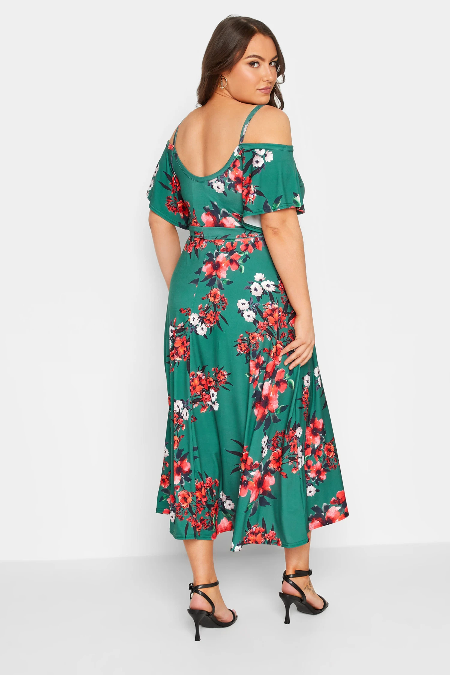 YOURS LONDON Curve Green Floral Cold Shoulder Wrap Dress 2 YOURS LONDON Curve Green Floral Cold Shoulder Wrap Dress - Image 2