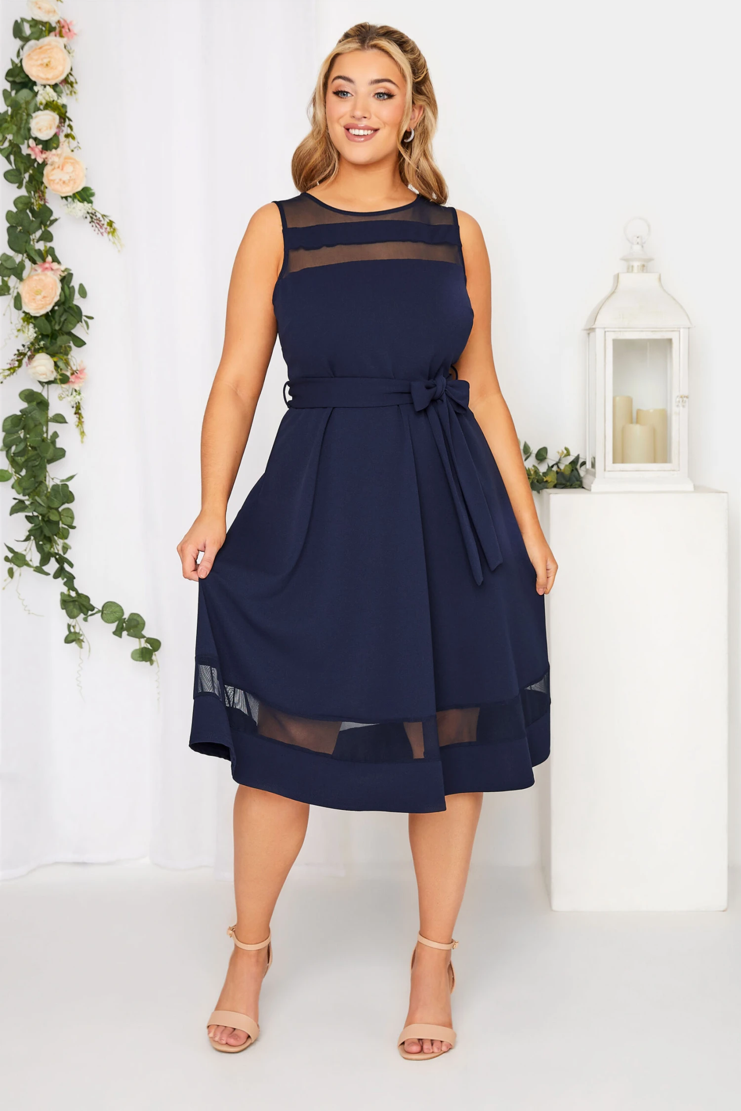 YOURS LONDON Curve Navy Blue Mesh Panel Skater Dress 1 YOURS LONDON Curve Navy Blue Mesh Panel Skater Dress
