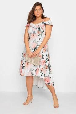 YOURS LONDON Curve White & Pink Floral Bardot Midi Dress