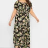 YOURS Curve Black Tropical Print Bardot Maxi Dress
