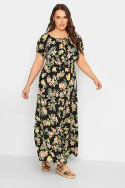 YOURS Curve Black Tropical Print Bardot Maxi Dress