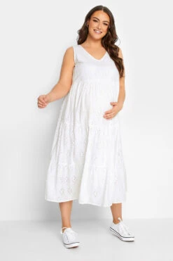 BUMP IT UP MATERNITY Curve White Broderie Anglaise Tiered Midi Dress