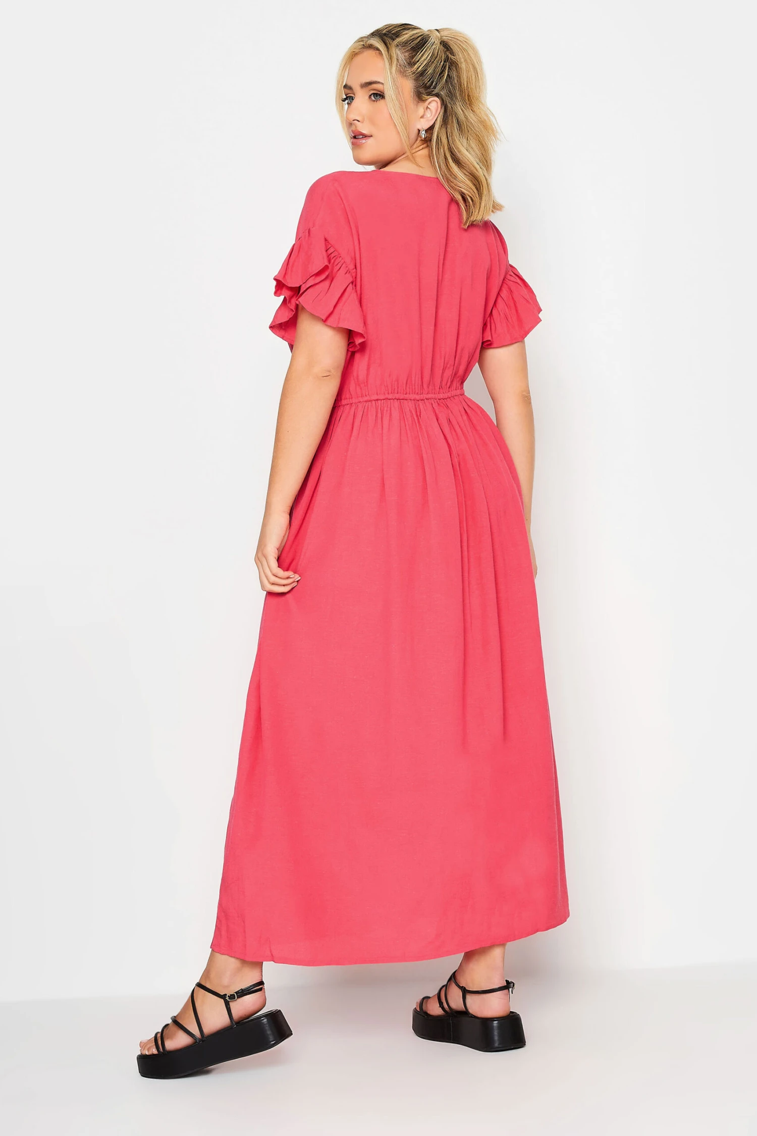 LIMITED COLLECTION Curve Coral Pink Frill Sleeve Cotton Maxi Dress 2 LIMITED COLLECTION Curve Coral Pink Frill Sleeve Cotton Maxi Dress - Image 2