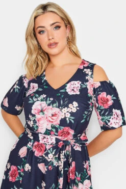 YOURS LONDON Curve Navy Blue Floral Cold Shoulder Skater Dress -JOICY Clothing Shop 22e55cb4 060c 42 162148 D