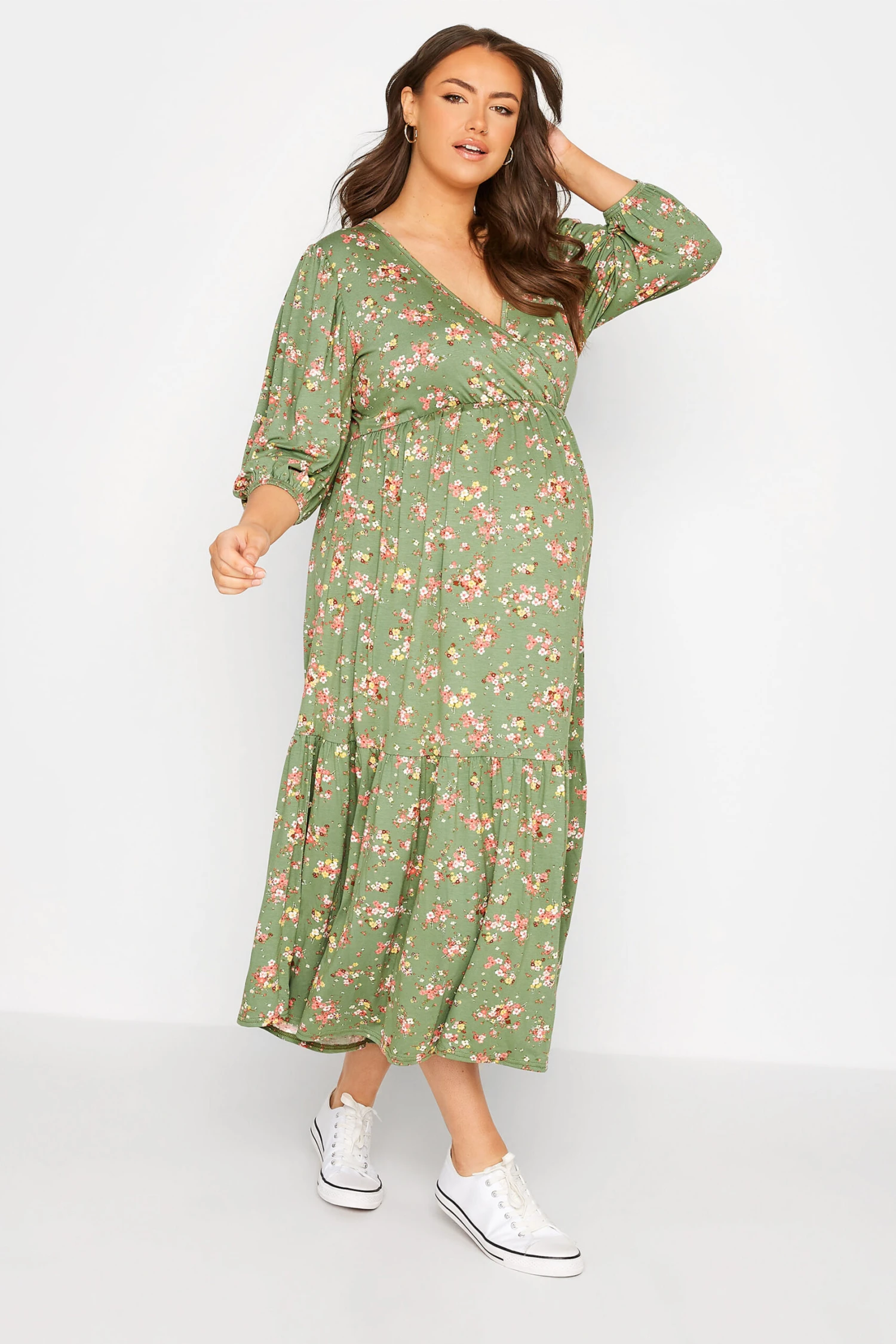 BUMP IT UP MATERNITY Curve Green Floral Print Tiered Wrap Dress 1 BUMP IT UP MATERNITY Curve Green Floral Print Tiered Wrap Dress
