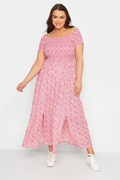 YOURS Curve Pink Ditsy Floral Bardot Maxi Dress