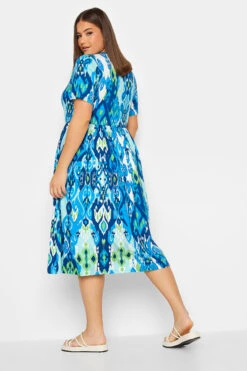 YOURS Curve Blue Abstract Print Frill Sleeve Smock Dress -JOICY Clothing Shop 2740219f 71e8 47 302233 D