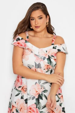 YOURS LONDON Curve White & Pink Floral Bardot Midi Dress -JOICY Clothing Shop 279bd88b 122c 45 162216 D