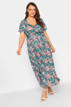 YOURS Curve Pink Leaf Print Maxi Wrap Dress