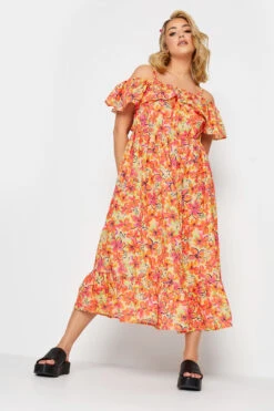 LIMITED COLLECTION Curve Orange Floral Frill Cold Shoulder Midi Dress