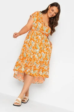 YOURS Curve Orange Floral Print High Low Wrap Dress