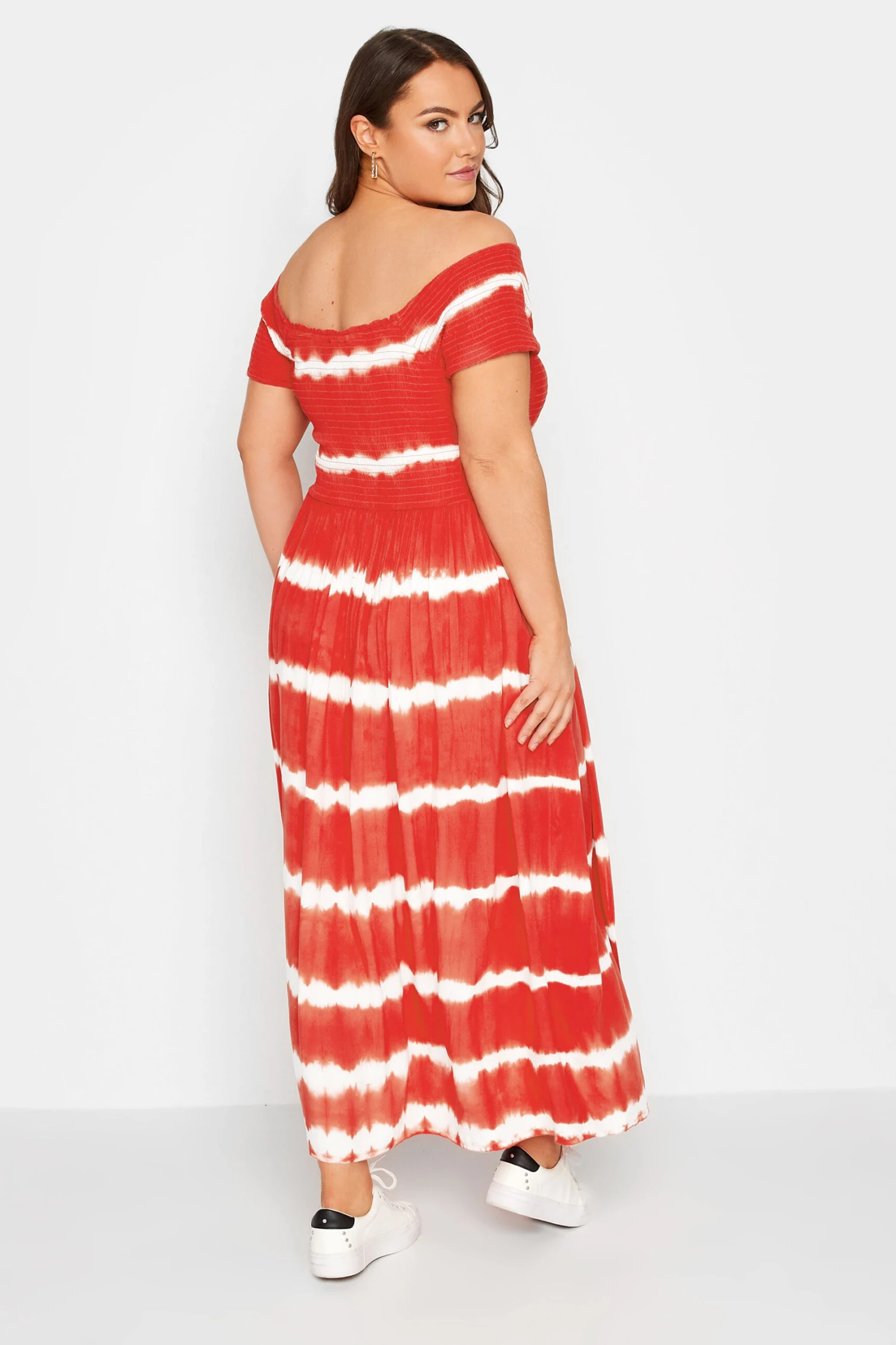 YOURS Curve Red Tie Dye Bardot Maxi Dress 2 YOURS Curve Red Tie Dye Bardot Maxi Dress - Image 2