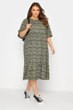 YOURS Curve Khaki Green Floral Print Tiered Midi Dress