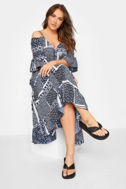 LIMITED COLLECTION Curve Navy Blue Patchwork Print Cold Shoulder Dress -JOICY Clothing Shop 4193995b 29c6 4a 217037 D