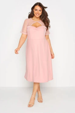 YOURS LONDON Curve Pink Polka Dot Mesh Midi Skater Dress