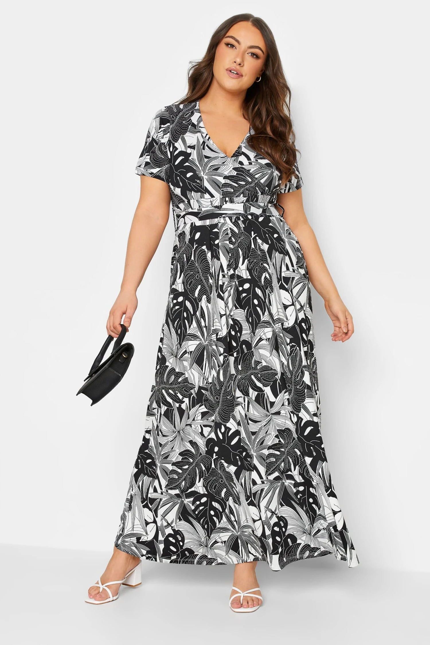 YOURS Curve Black & White Floral Leaf Print Front Tie Maxi Dress 1 YOURS Curve Black & White Floral Leaf Print Front Tie Maxi Dress