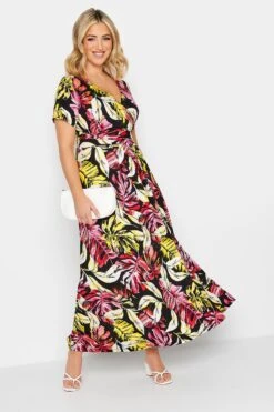 YOURS Curve Black Leaf Print Front Tie Maxi Dress