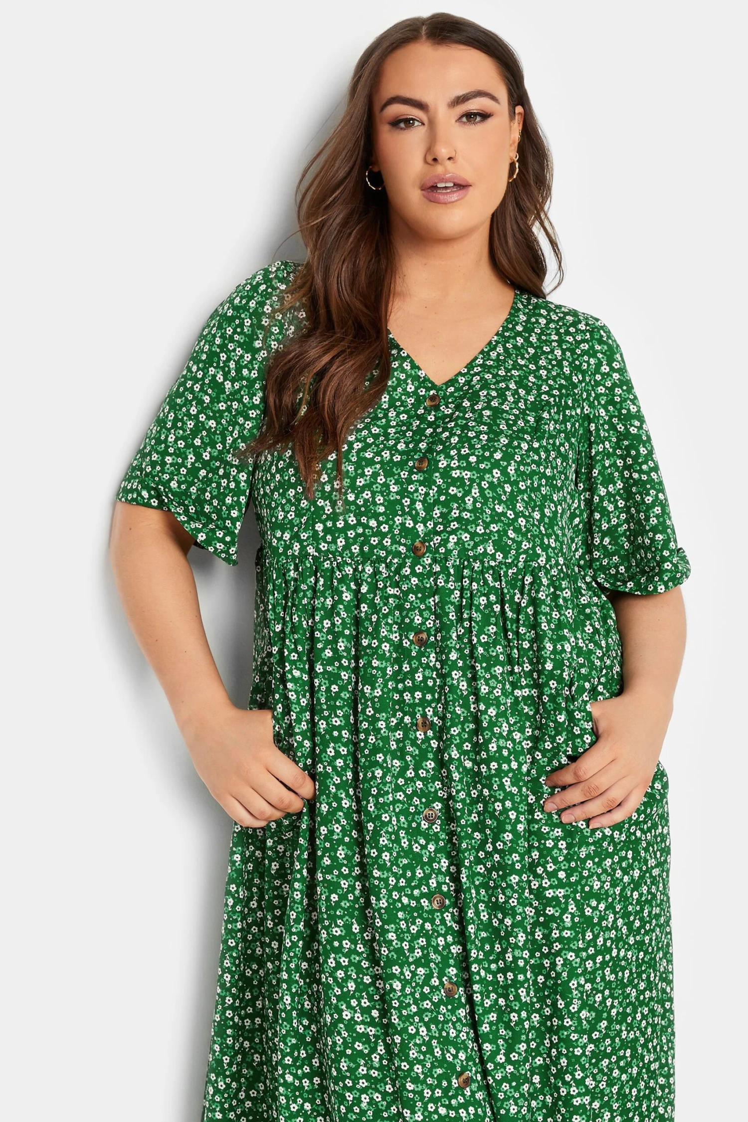 YOURS Curve Green Daisy Print Smock Dress 3 YOURS Curve Green Daisy Print Smock Dress - Image 3