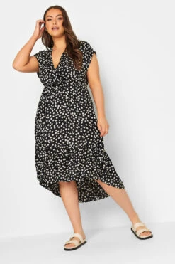 YOURS Curve Black Daisy Print High Low Wrap Dress