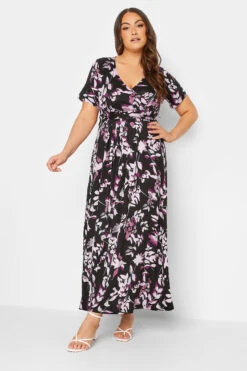 YOURS Curve Black Leaf Print Wrap Maxi Dress