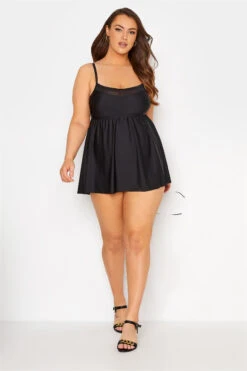 YOURS Curve Black Mesh Panel Tummy Control Swim Dress