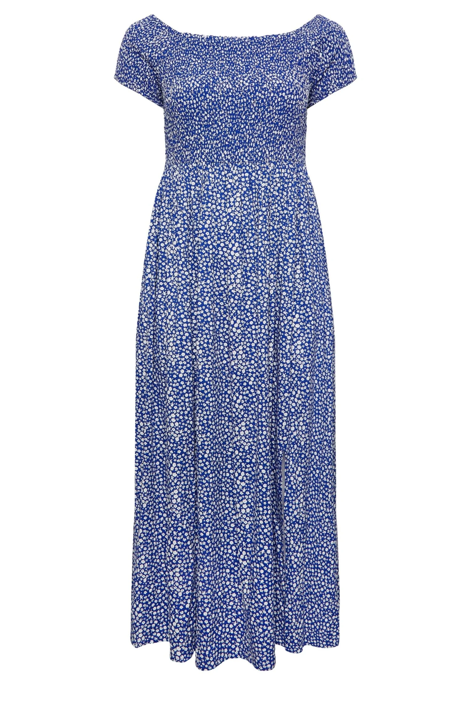 YOURS Curve Cobalt Blue Ditsy Print Shirred Bardot Maxi Dress 5 YOURS Curve Cobalt Blue Ditsy Print Shirred Bardot Maxi Dress - Image 5