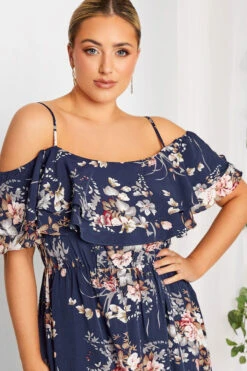 YOURS LONDON Curve Navy Blue Floral Ruffle Bardot Maxi Dress -JOICY Clothing Shop 50a0abdd 5c4c 41 161955 D