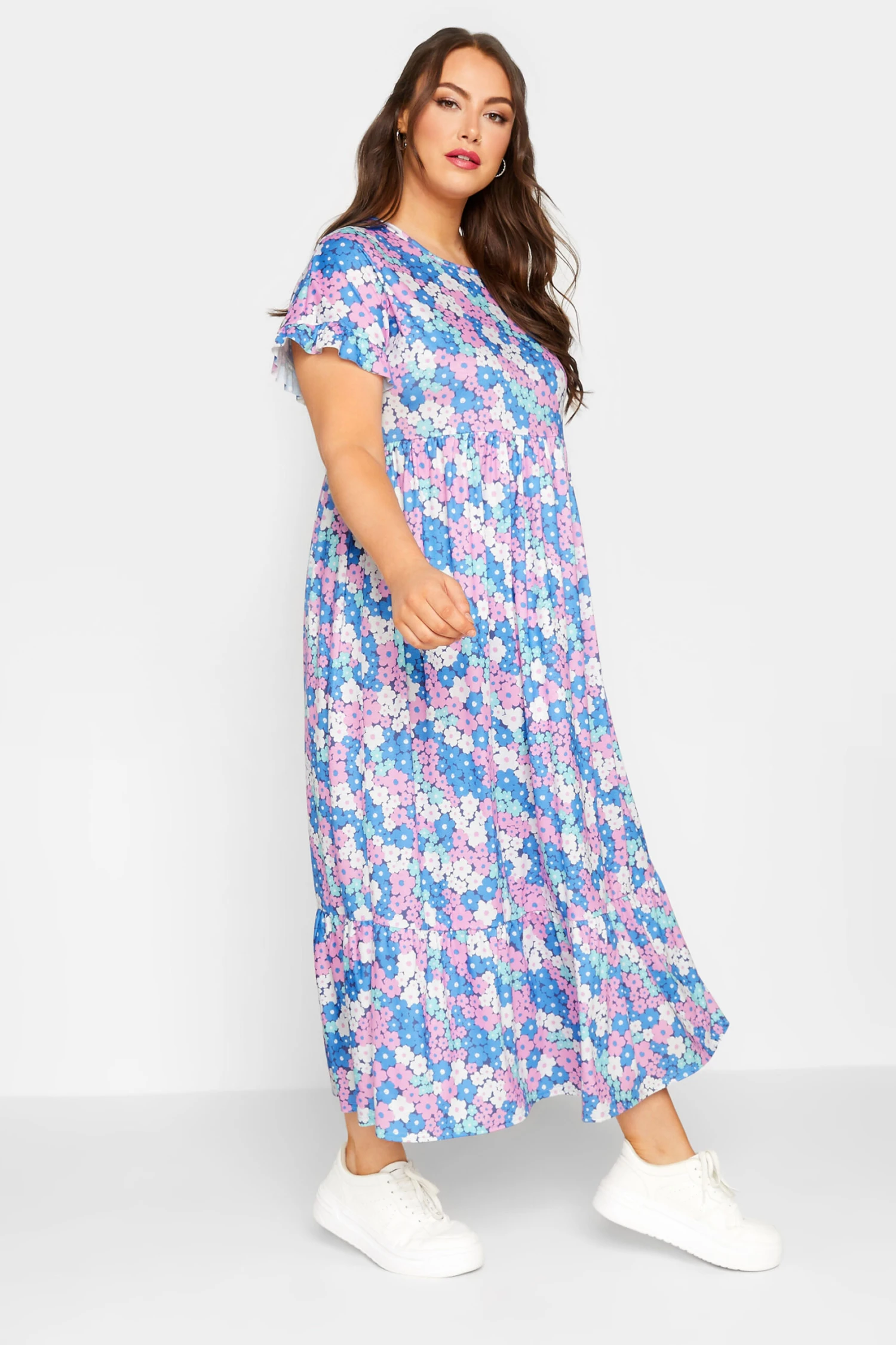 LIMITED COLLECTION Curve Blue Floral Print Frill Sleeve Maxi Dress 1 LIMITED COLLECTION Curve Blue Floral Print Frill Sleeve Maxi Dress