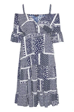 LIMITED COLLECTION Curve Navy Blue Patchwork Print Cold Shoulder Dress -JOICY Clothing Shop 547f6fcd 64d2 46 217037 X