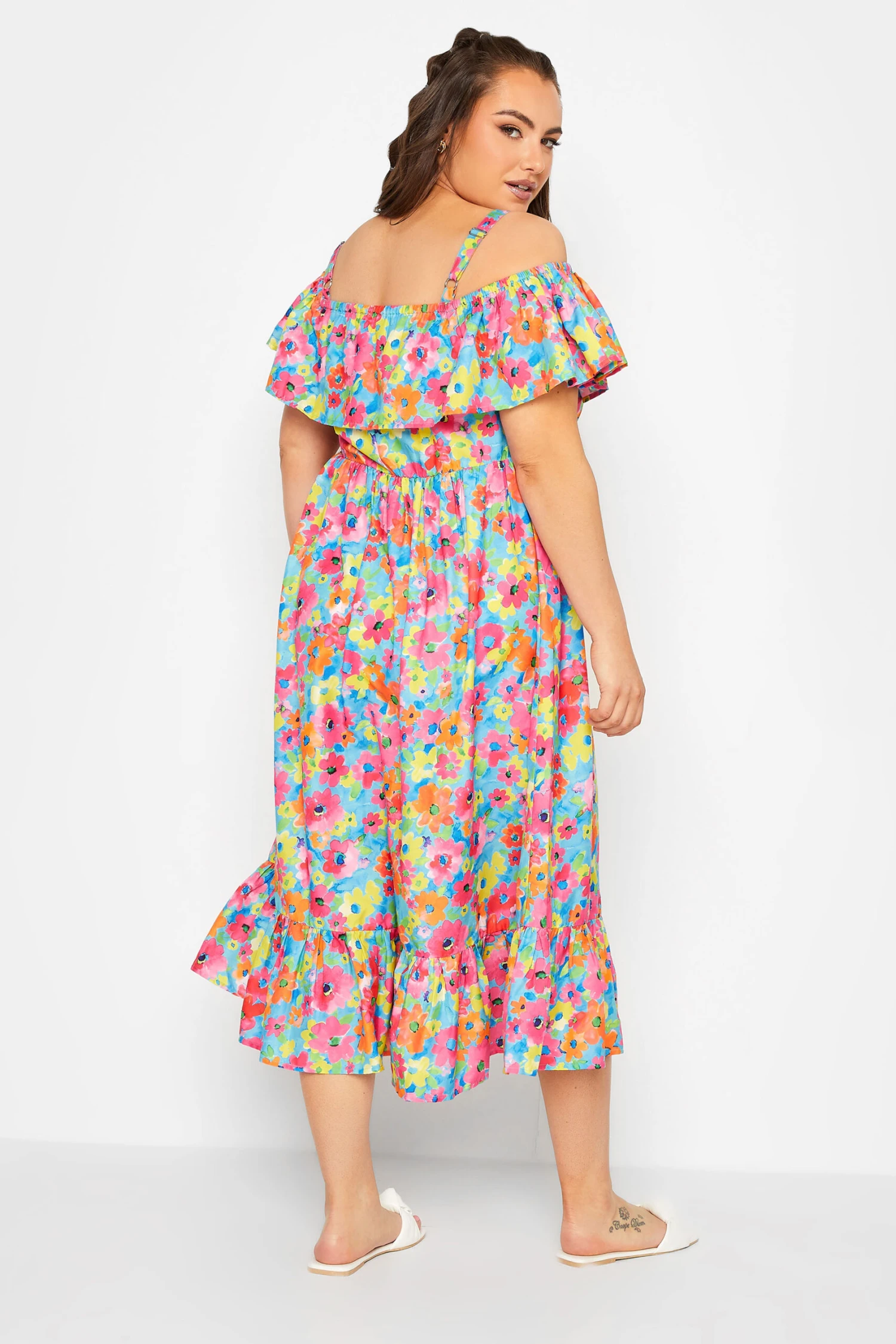 LIMITED COLLECTION Curve Pink Floral Frill Cold Shoulder Midi Dress 3 LIMITED COLLECTION Curve Pink Floral Frill Cold Shoulder Midi Dress - Image 3