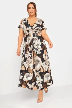 YOURS Curve Black Neutral Floral Print Wrap Front Midaxi Dress