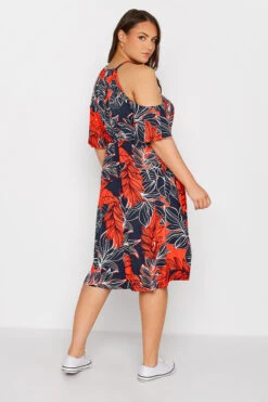 YOURS Curve Navy Blue Leaf Print Cold Shoulder Dress -JOICY Clothing Shop 5dfcf76a 419e 41 300799 C