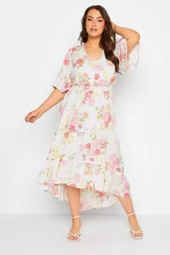 YOURS Curve White Floral Print Dipped Hem Midi Dress