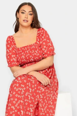 YOURS Curve Red Daisy Print Shirred Midi Dress -JOICY Clothing Shop 611d1a53 6f19 45 137301 D