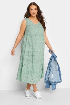 BUMP IT UP MATERNITY Curve Sage Green Broderie Anglaise Tiered Midi Dress