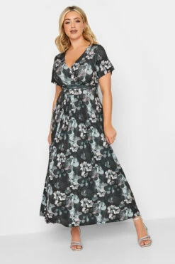 YOURS Curve Black V-Neck Floral Wrap Dress