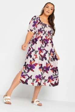 YOURS Curve Light Pink Butterfly Print Shirred Midaxi Dress