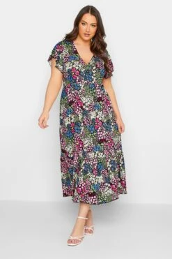 YOURS Curve Black & Green Ditsy Print Frill Sleeve Wrap Maxi Dress