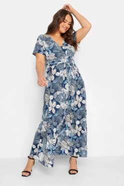 YOURS Curve Blue Leaf Print Wrap Dress