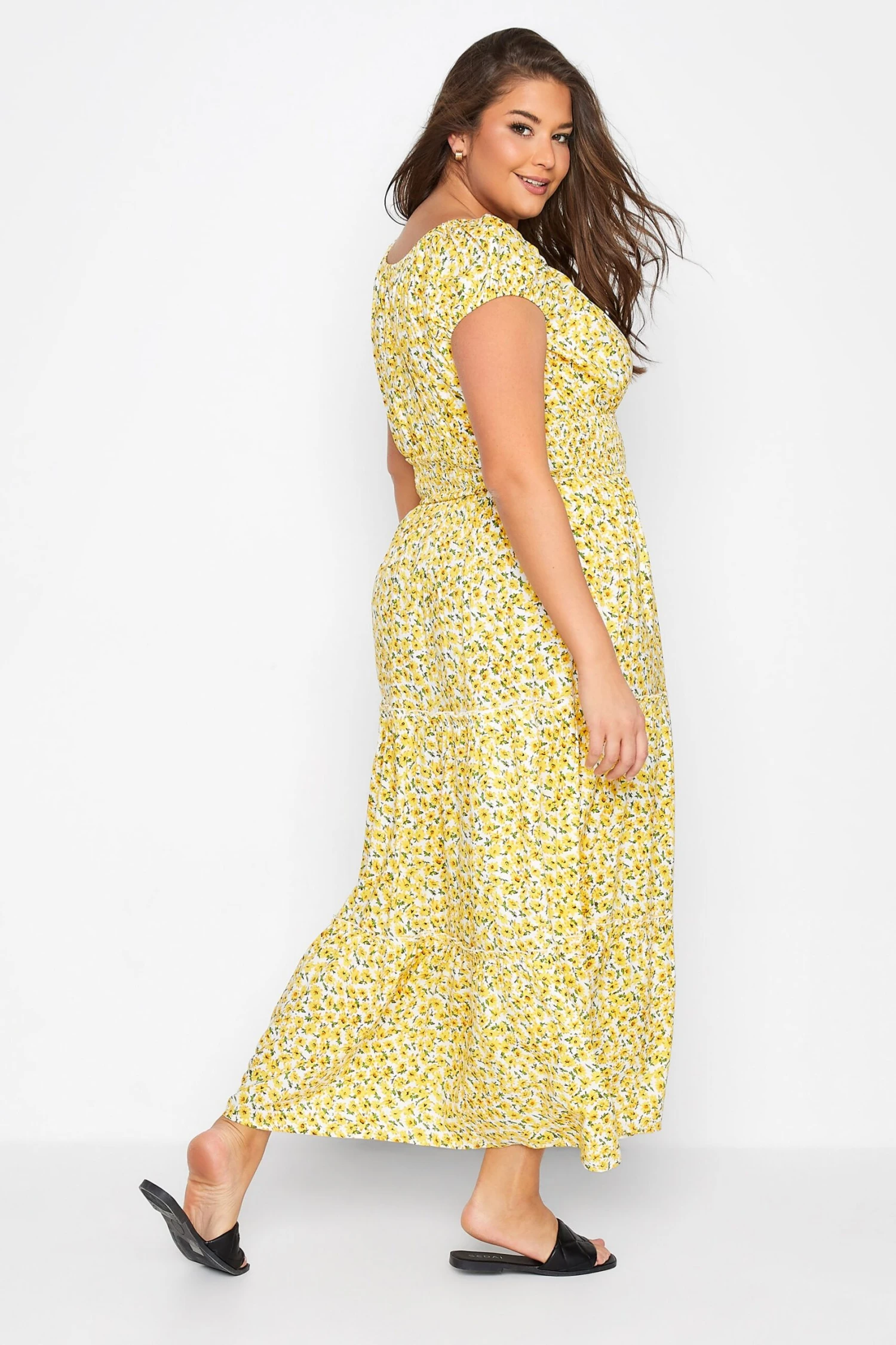 Curve Yellow Floral Print Bardot Maxi Dress 2 Curve Yellow Floral Print Bardot Maxi Dress - Image 2